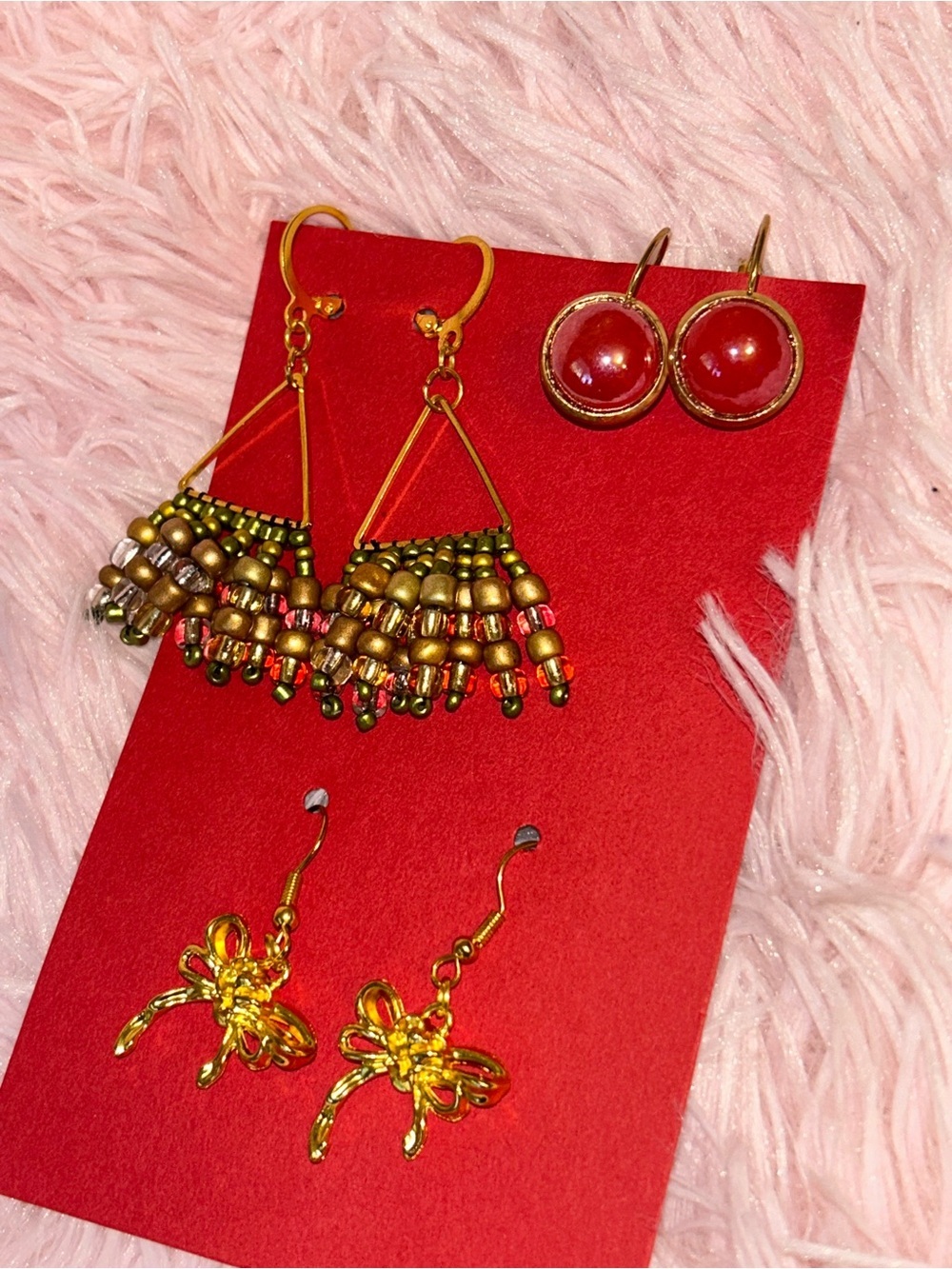 Gold-Tone Beaded Fringe Earrings with Red Cabochon Drops